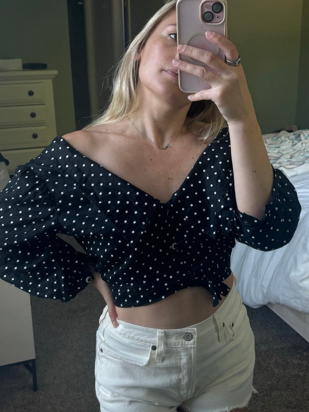 Linen Black Polka Dot Off The Shoulder Crop Top Wrap Front Tie Puff Sleeve S
